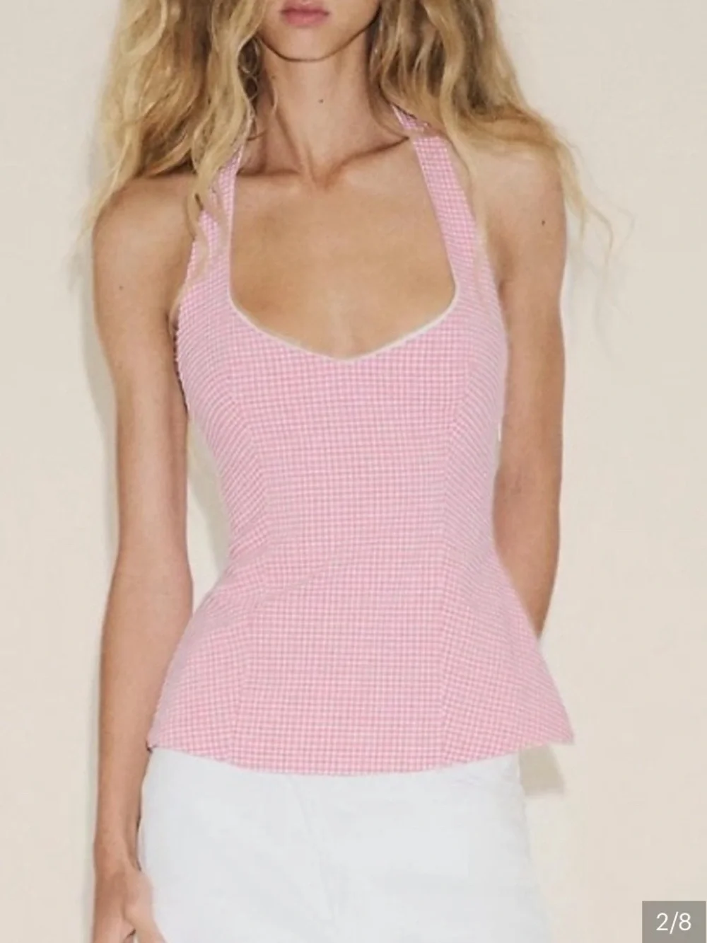 Zara Pink Gingham Halter Bow Knit Top Sz m - Picture 1 of 6